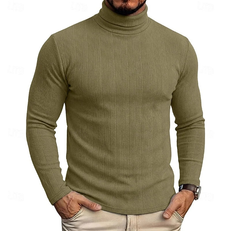 Men's military green ribbed turtleneck sweater, slim fit knit