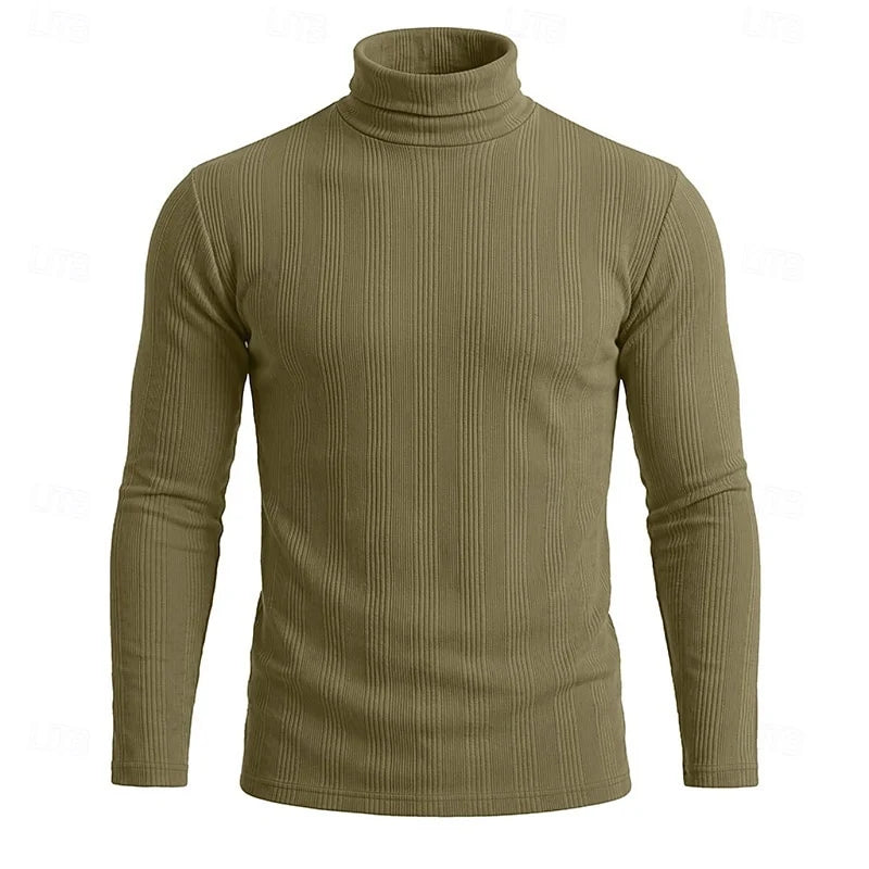 Men's military green ribbed turtleneck sweater, slim fit knit