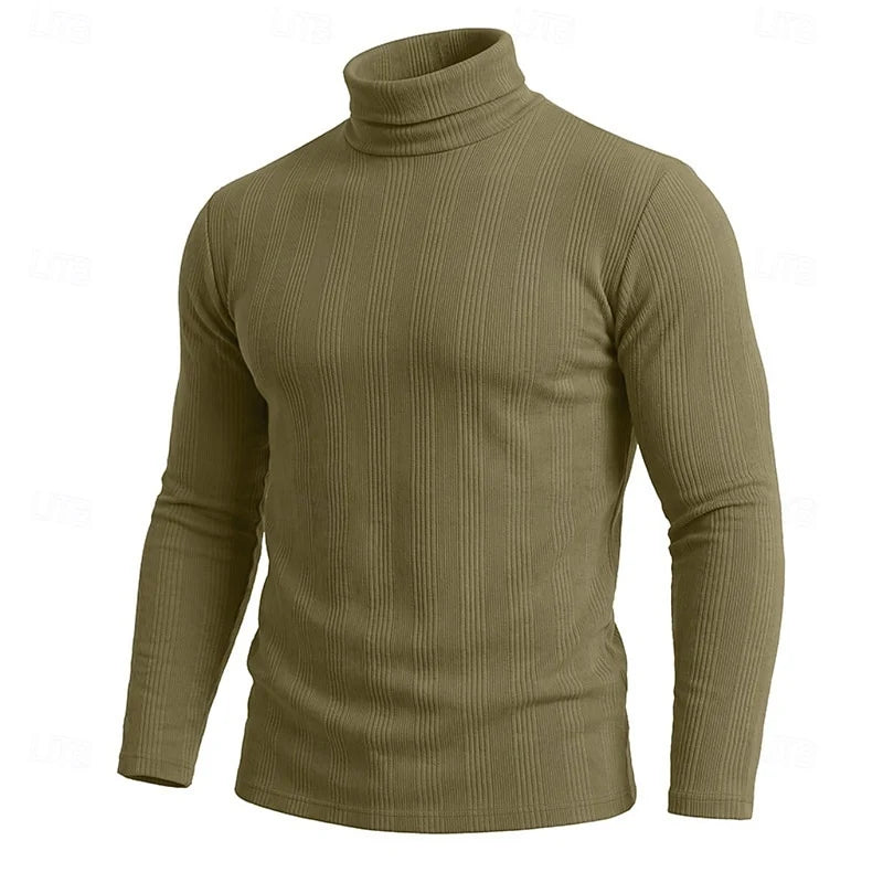 Men's military green ribbed turtleneck sweater, slim fit knit