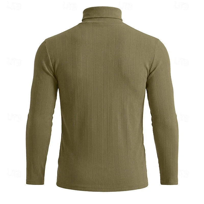 Men's military green ribbed turtleneck sweater, slim fit knit