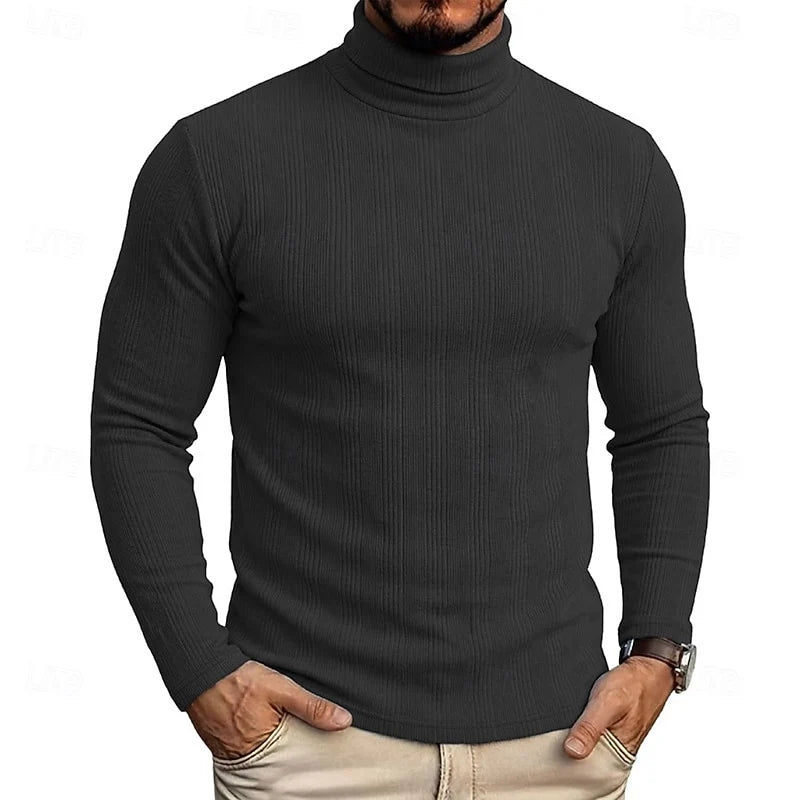 Men's black ribbed turtleneck sweater, slim fit knit