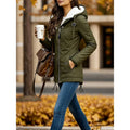 Women's army green tailored hooded winter parka with adjustable waist
