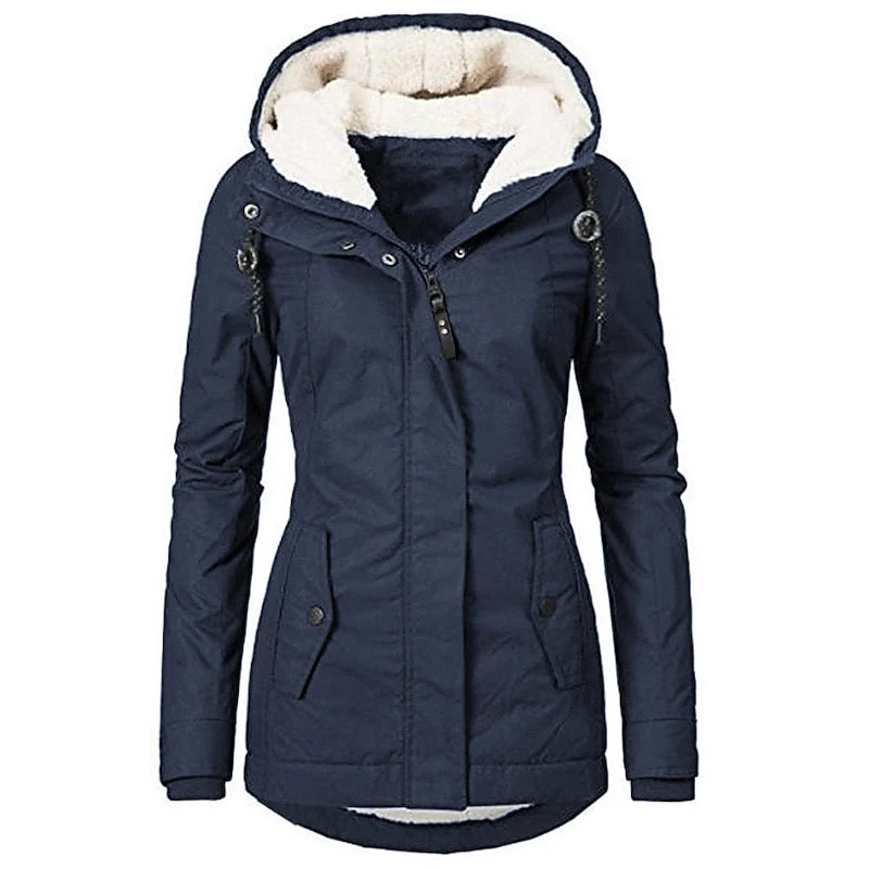 Women's dark blue tailored hooded winter parka with adjustable waist
