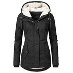 Women's dark blue tailored hooded winter parka with adjustable waist