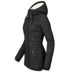 Women's dark blue tailored hooded winter parka with adjustable waist