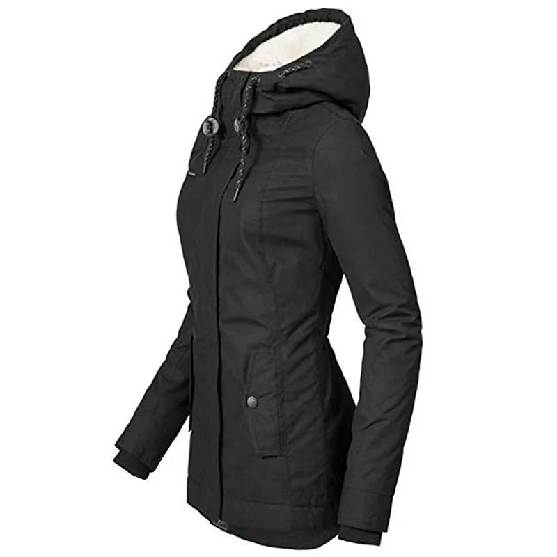 Women's dark blue tailored hooded winter parka with adjustable waist
