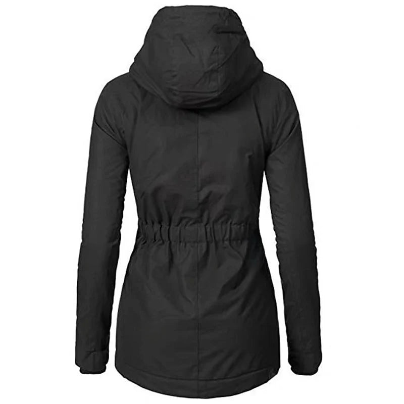 Women's dark blue tailored hooded winter parka with adjustable waist