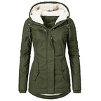 Women's dark blue tailored hooded winter parka with adjustable waist