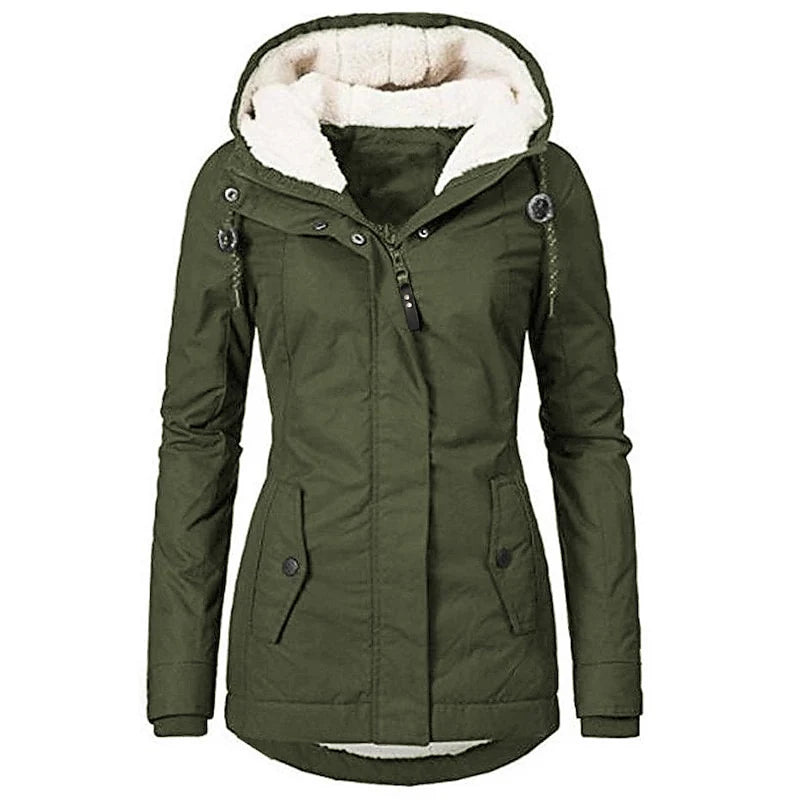 Women's dark blue tailored hooded winter parka with adjustable waist