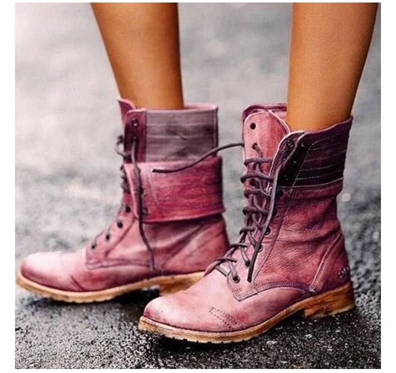 Women's red lace-up combat boots
