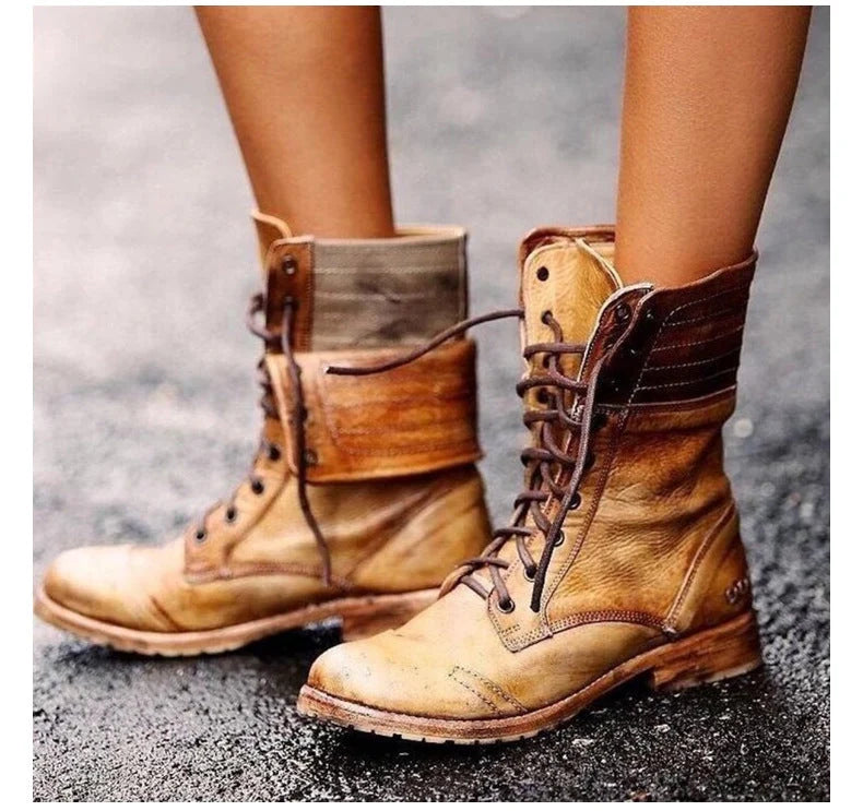 Women's khaki lace-up combat boots