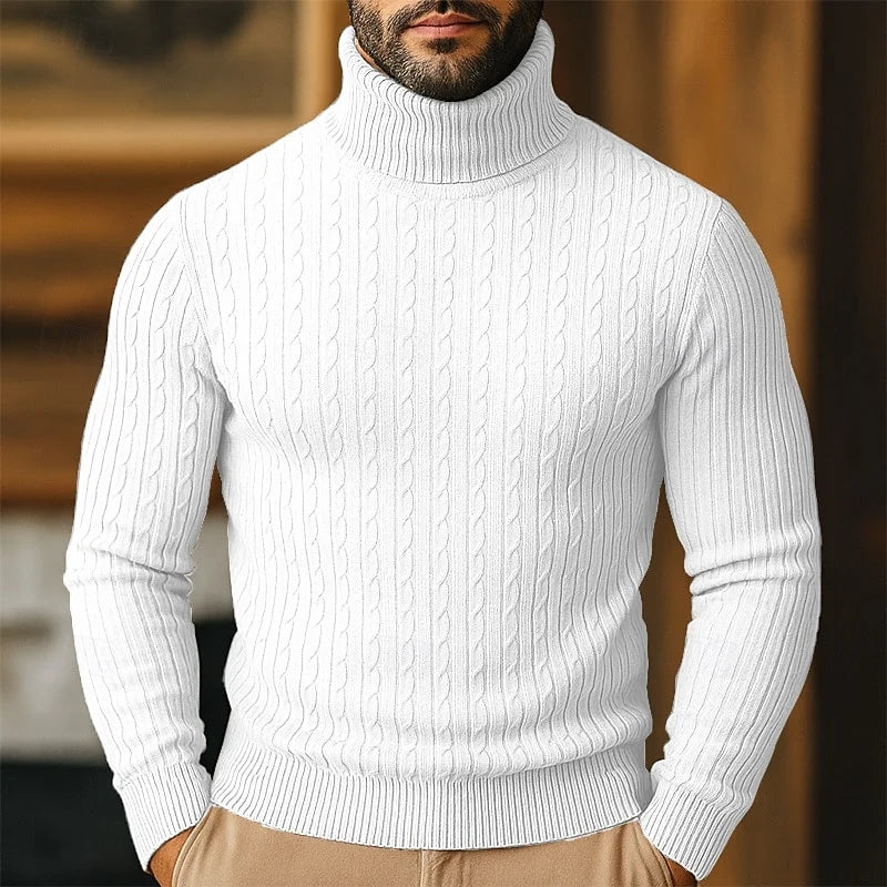 Men's white chunky cable knit turtleneck sweater with raglan sleeves
