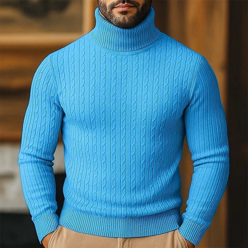 Men's light blue chunky cable knit turtleneck sweater with raglan sleeves