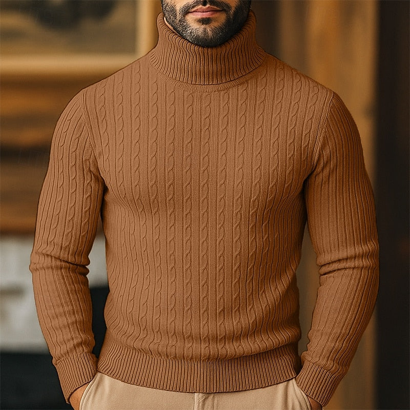 Men's brown chunky cable knit turtleneck sweater with raglan sleeves