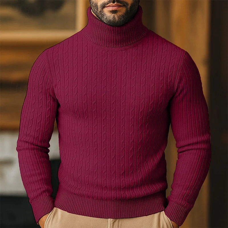Men's wine chunky cable knit turtleneck sweater with raglan sleeves