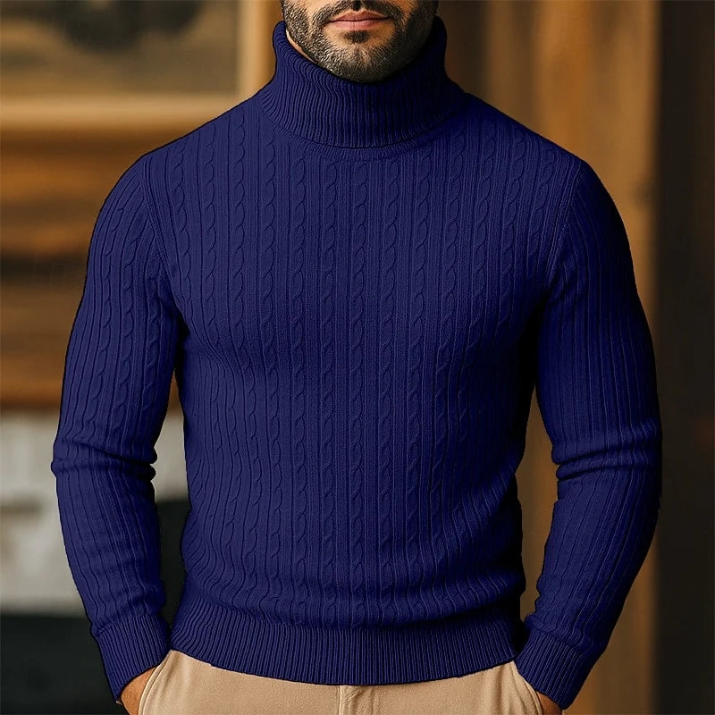 Men's navy blue chunky cable knit turtleneck sweater with raglan sleeves