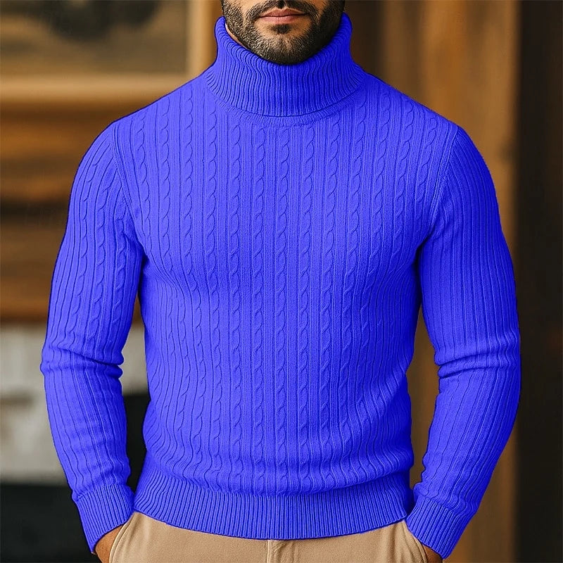 Men's royal blue chunky cable knit turtleneck sweater with raglan sleeves