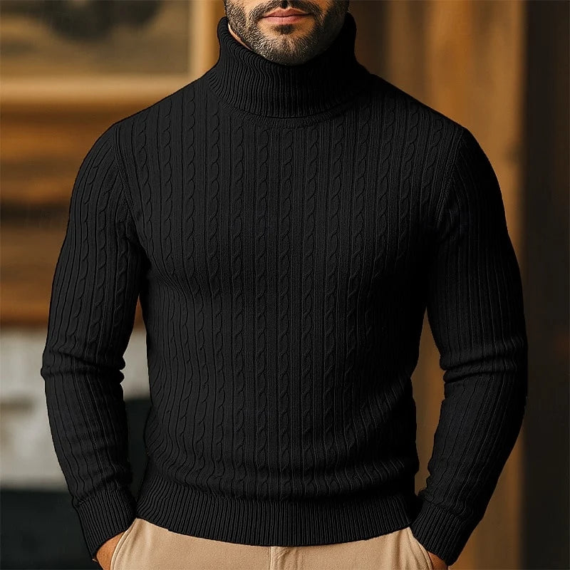Men's black chunky cable knit turtleneck sweater with raglan sleeves