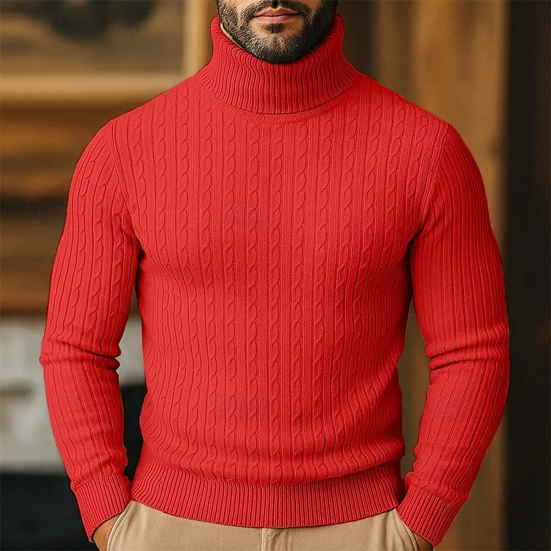 Men's red chunky cable knit turtleneck sweater with raglan sleeves