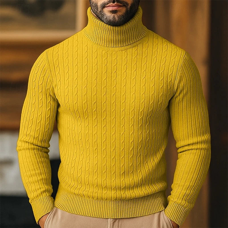 Men's natural yellow chunky cable knit turtleneck sweater with raglan sleeves