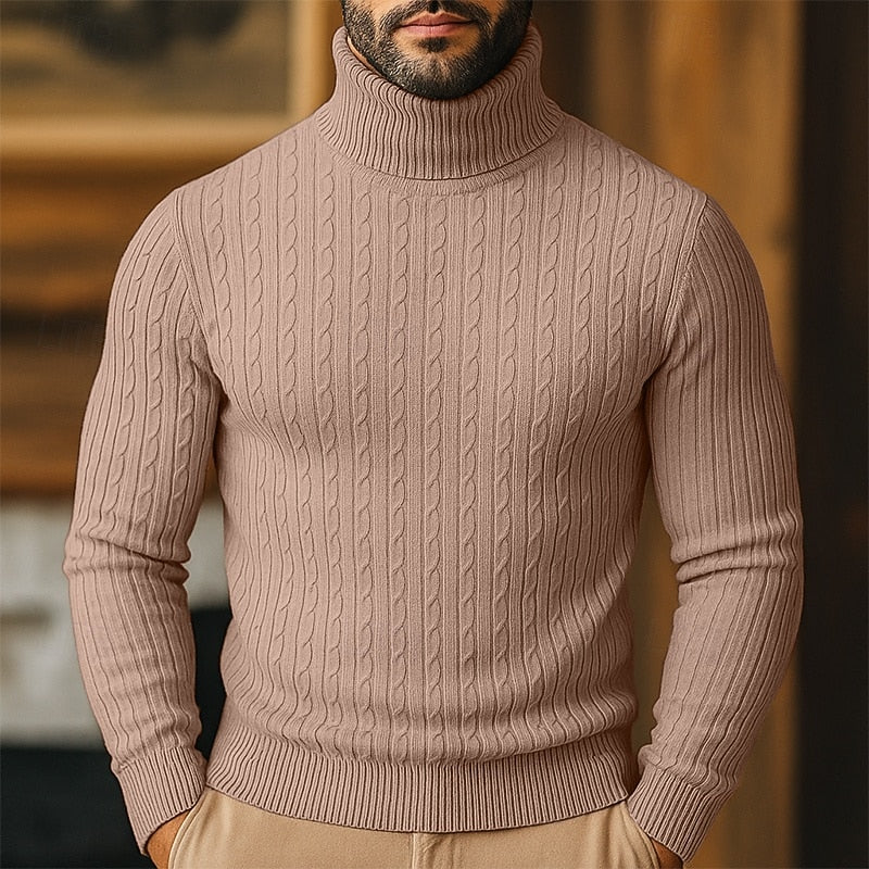 Men's coffee chunky cable knit turtleneck sweater with raglan sleeves