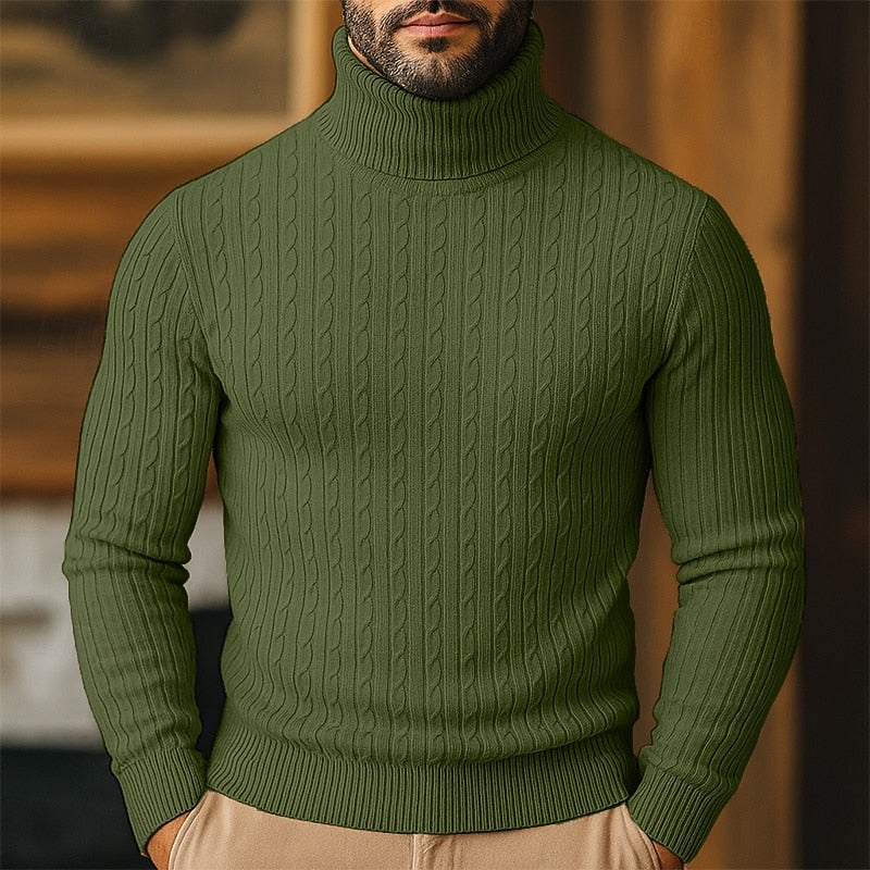 Men's army green chunky cable knit turtleneck sweater with raglan sleeves