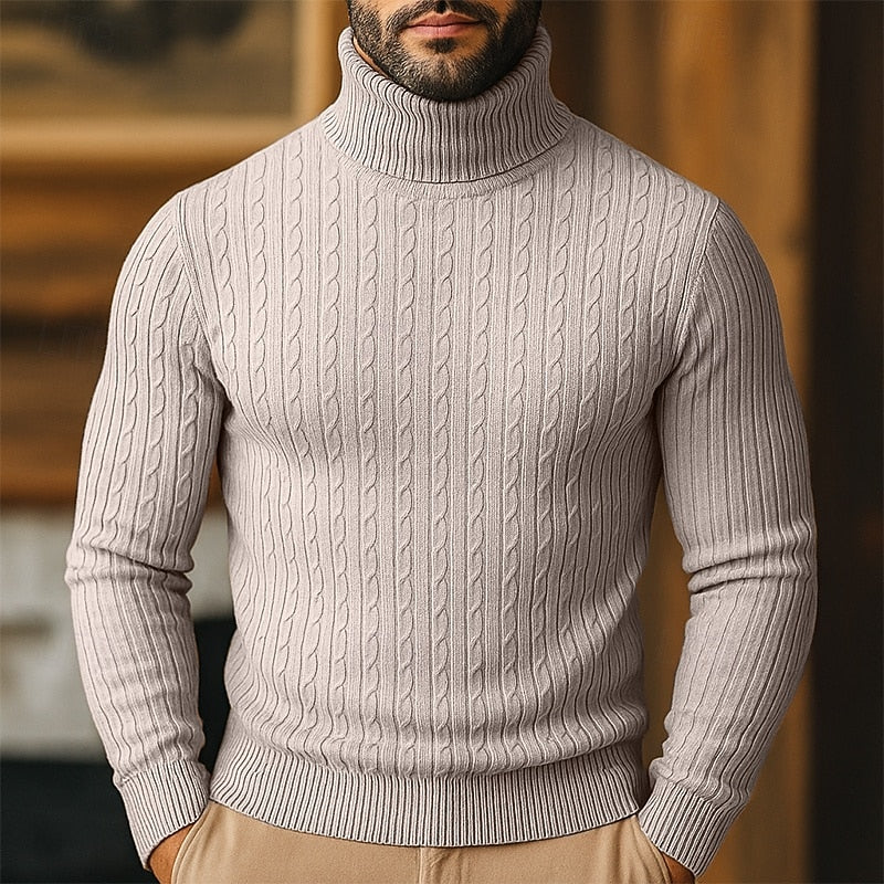 Men's beige chunky cable knit turtleneck sweater with raglan sleeves