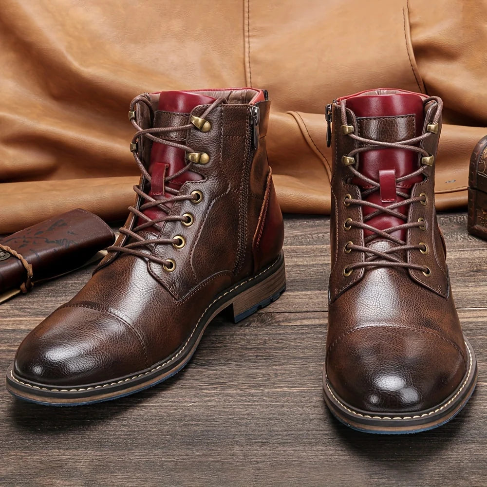 Men's black cap-Toe Ankle Boots with Contrast Sole and Laces
