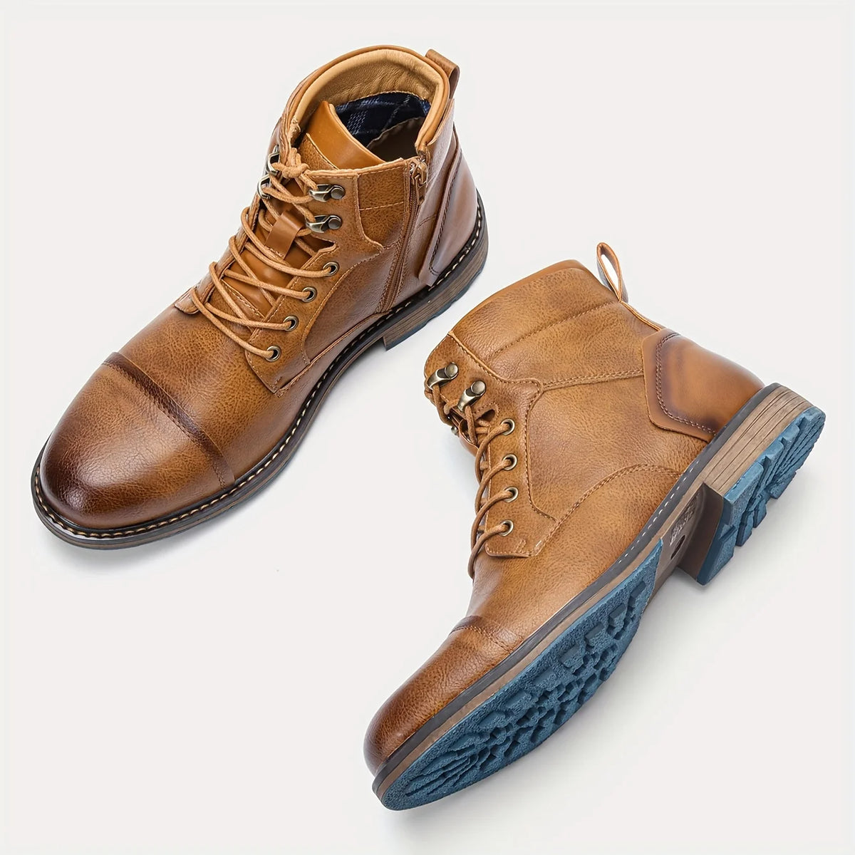 Men's burgundy cap-Toe Ankle Boots with Contrast Sole and Laces