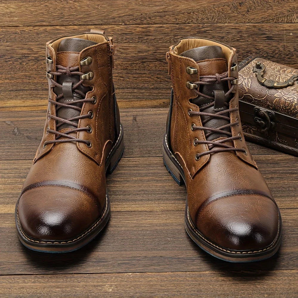 Men's rust cap-Toe Ankle Boots with Contrast Sole and Laces