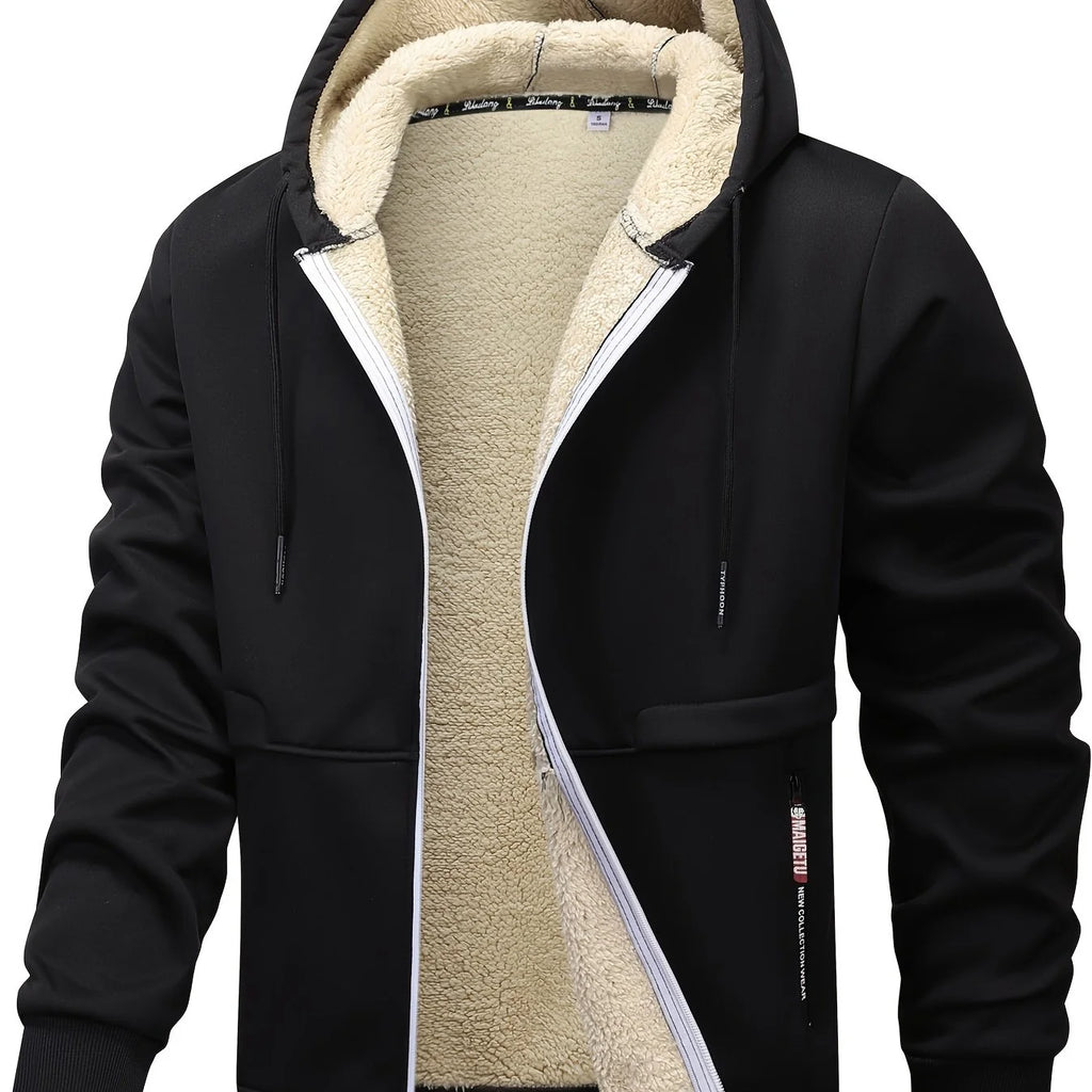 Men's black cozy hooded full-zip jacket with kangaroo pocket