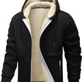 Men's black cozy hooded full-zip jacket with kangaroo pocket