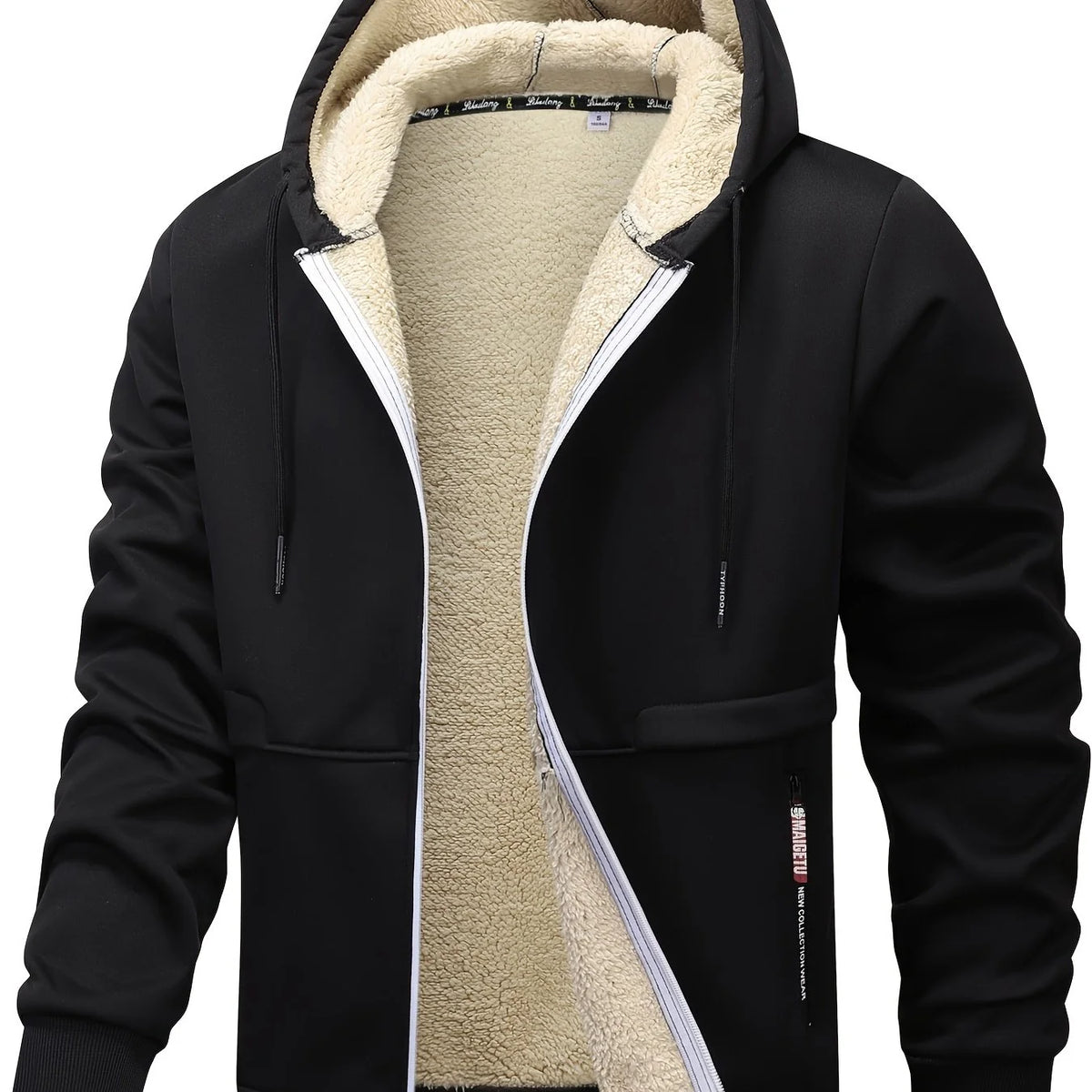 Men's black cozy hooded full-zip jacket with kangaroo pocket