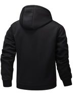 Men's black cozy hooded full-zip jacket with kangaroo pocket