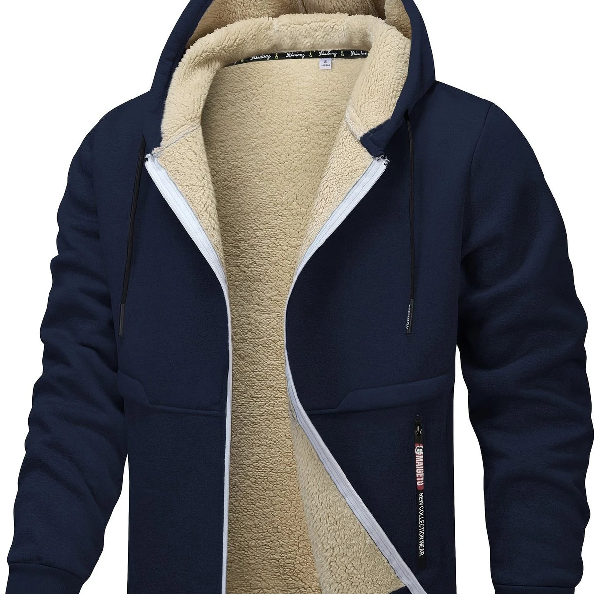 Men's navy cozy hooded full-zip jacket with kangaroo pocket