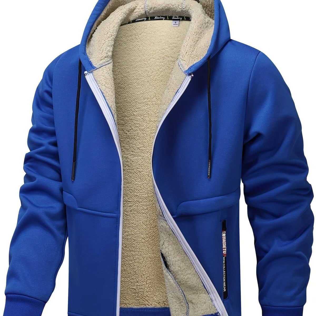 Men's blue cozy hooded full-zip jacket with kangaroo pocket