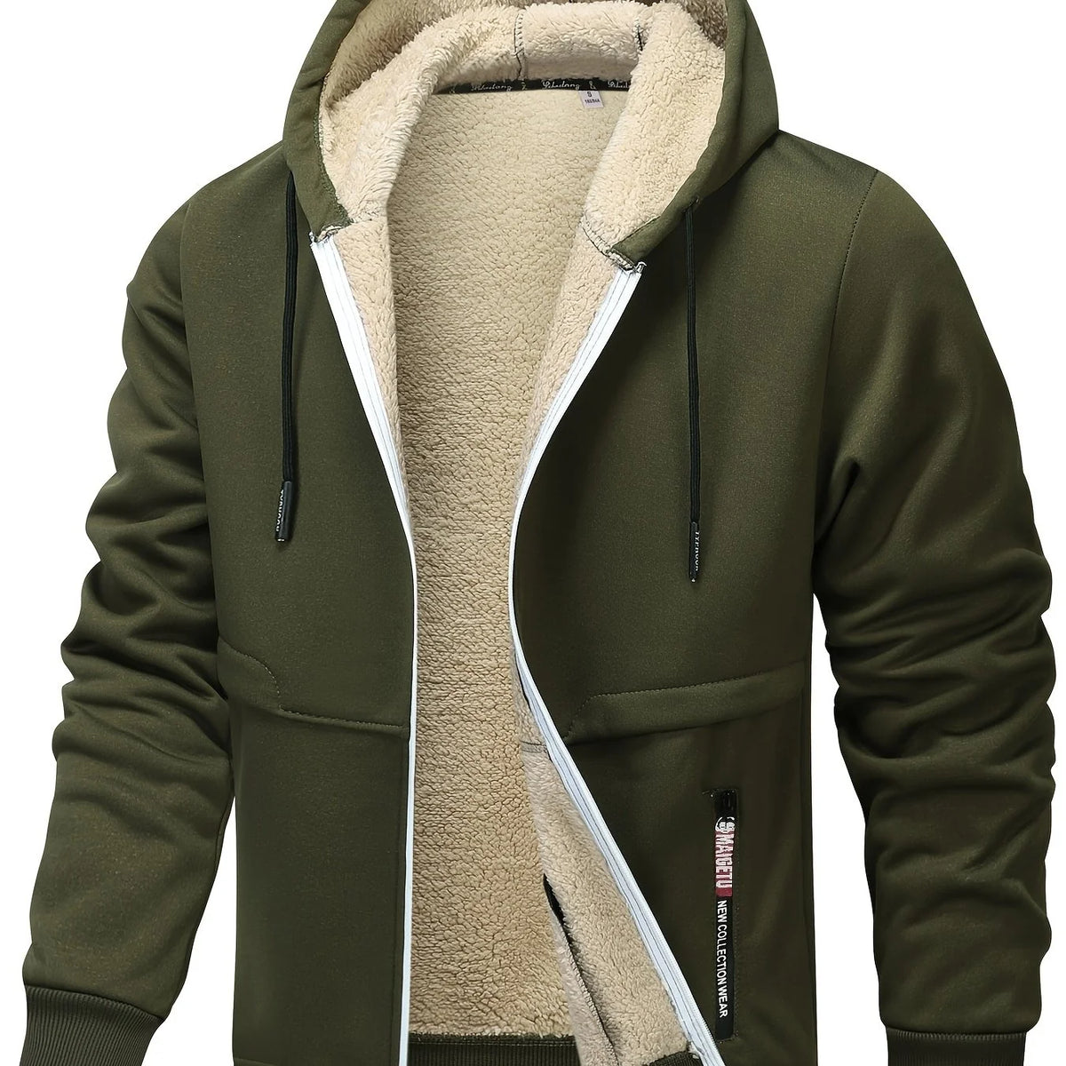 Men's military green cozy hooded full-zip jacket with kangaroo pocket