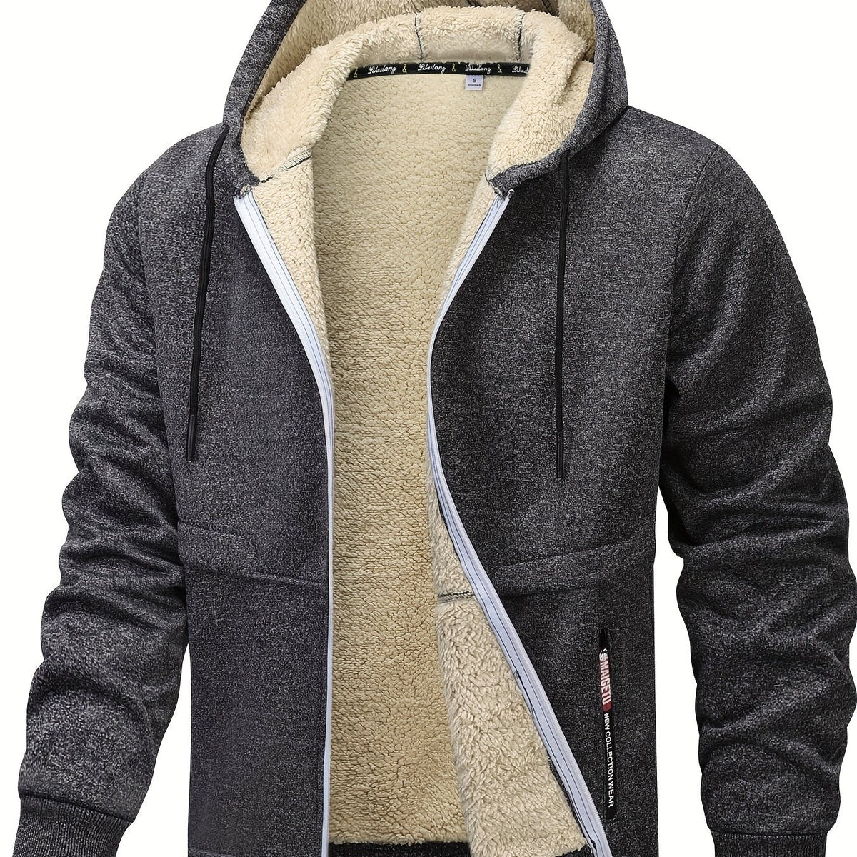 Men's dark gray cozy hooded full-zip jacket with kangaroo pocket