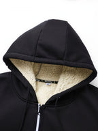 Men's black cozy hooded full-zip jacket with kangaroo pocket