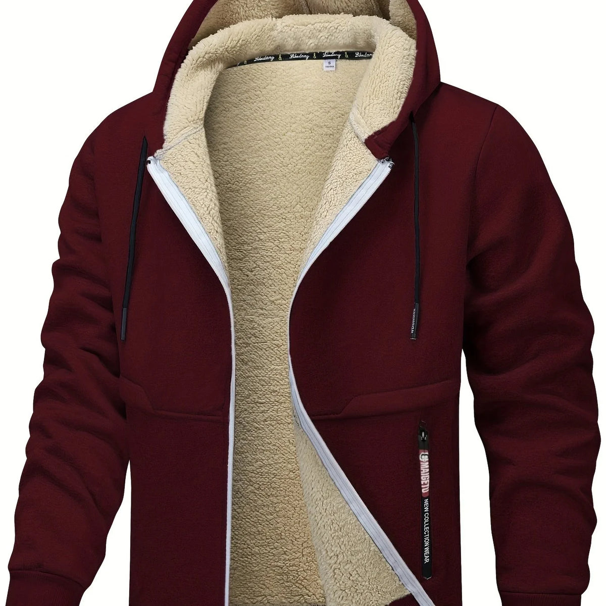 Men's burgundy cozy hooded full-zip jacket with kangaroo pocket