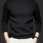 Men's black ribbed mock-neck pullover sweater, fitted knit