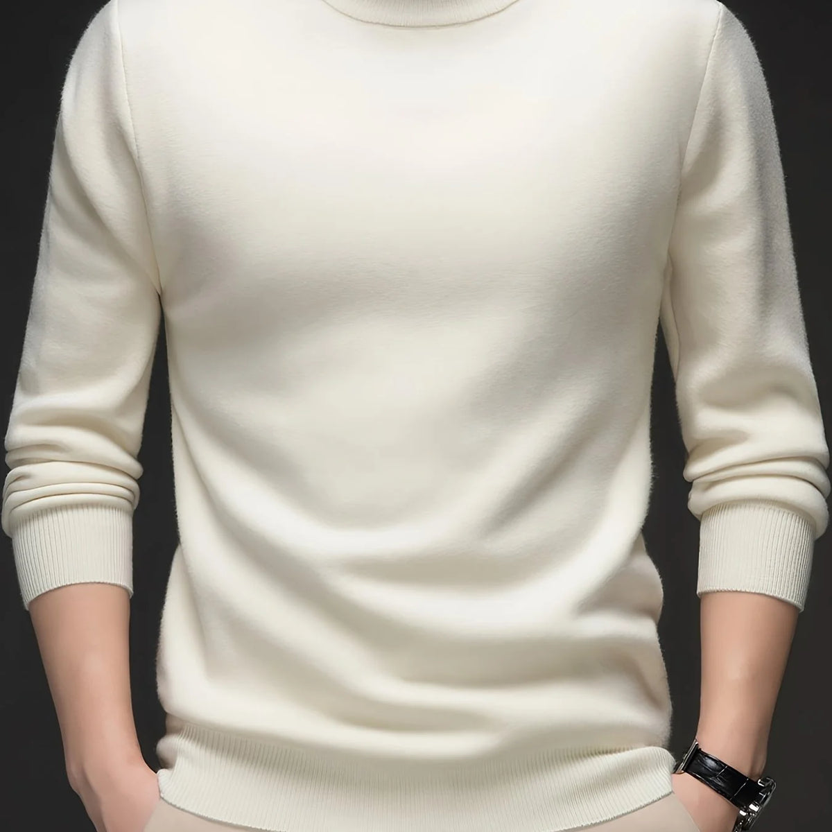 Men's cream ribbed mock-neck pullover sweater, fitted knit