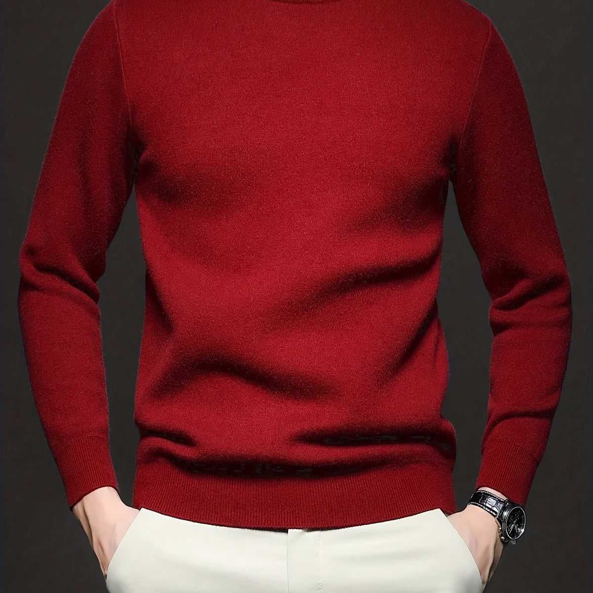 Men's brick red ribbed mock-neck pullover sweater, fitted knit
