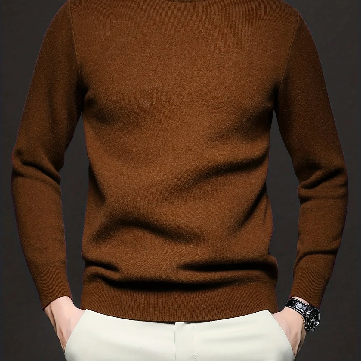 Men's brown ribbed mock-neck pullover sweater, fitted knit