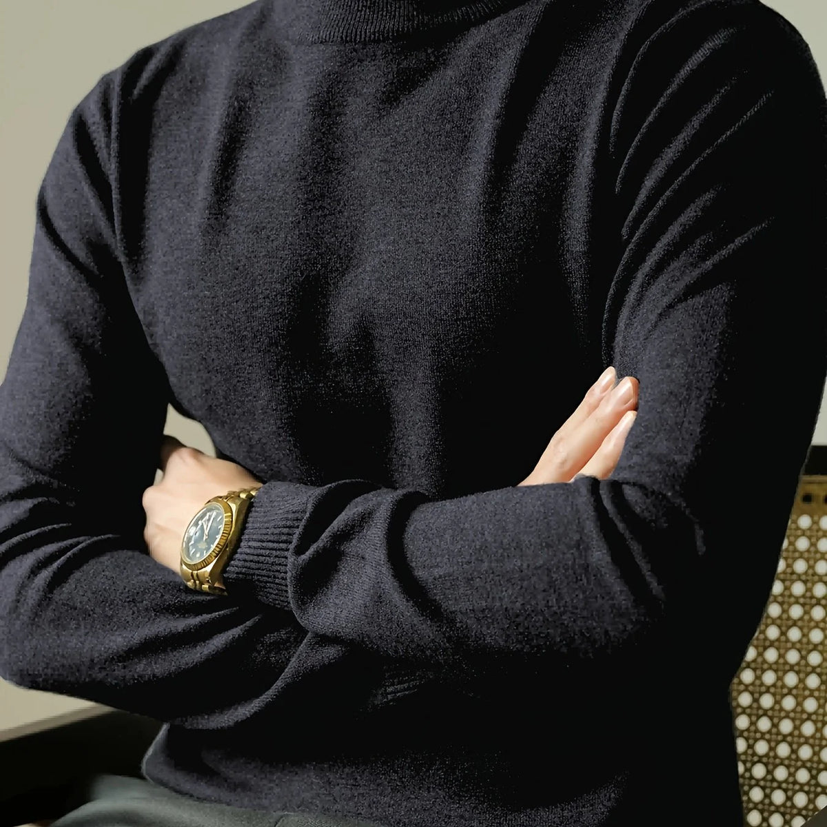 Men's black ribbed mock-neck pullover sweater, fitted knit, back view
