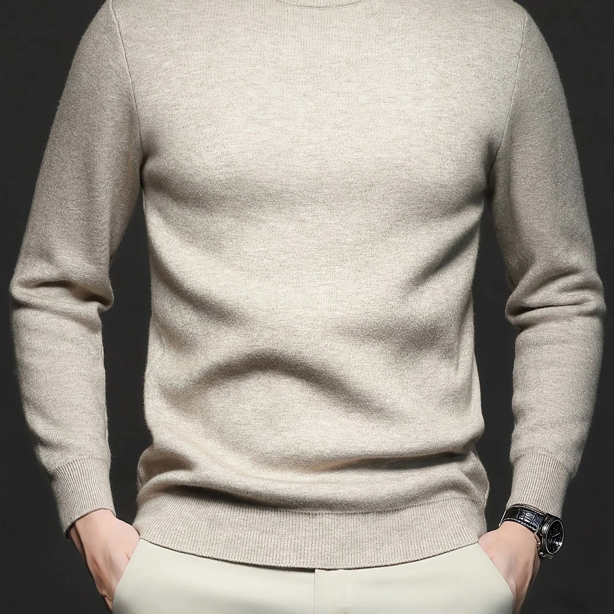 Men's beige ribbed mock-neck pullover sweater, fitted knit