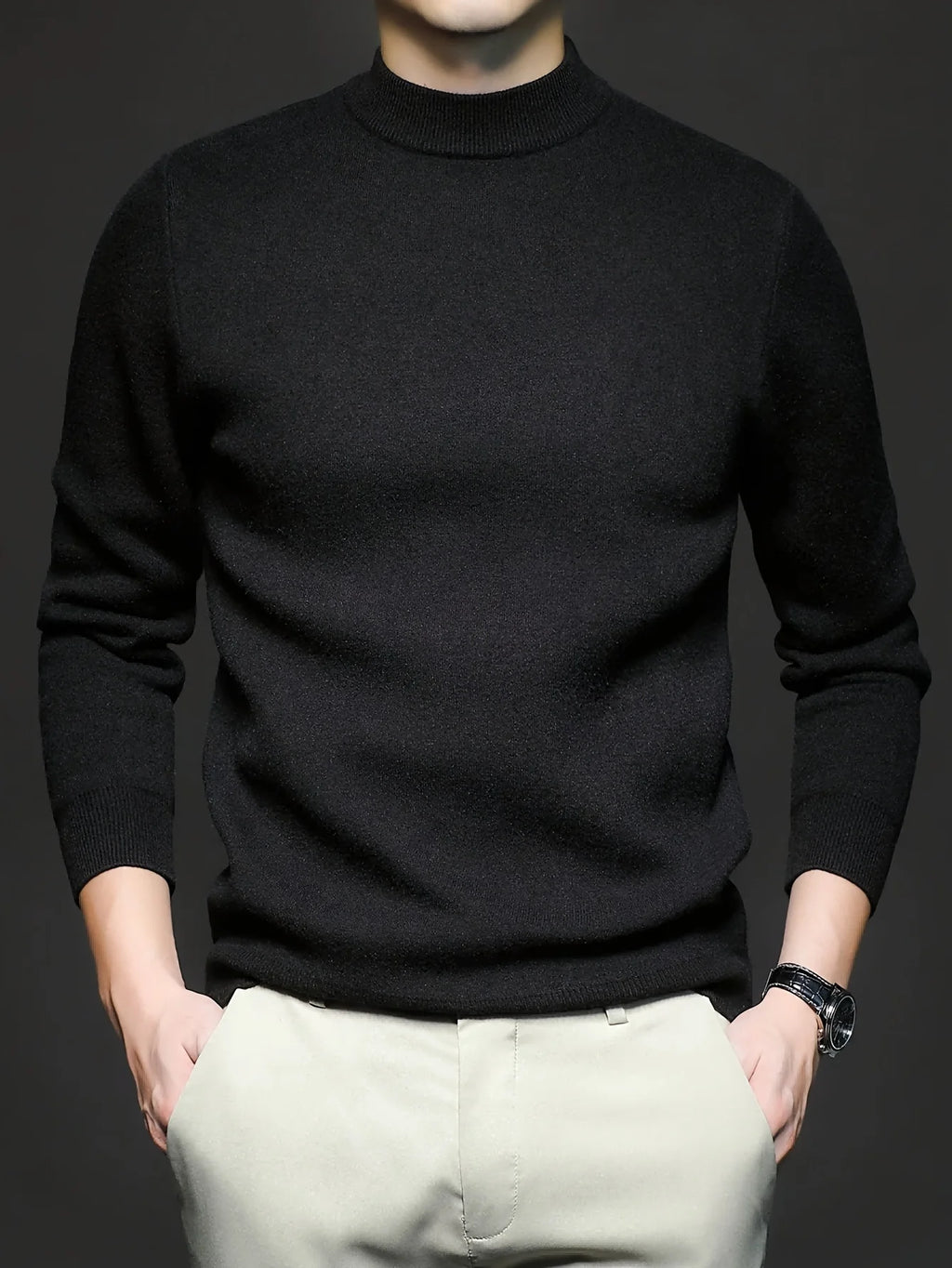 Men's black ribbed mock-neck pullover sweater, fitted knit