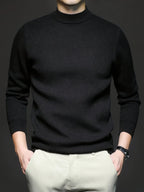 Men's black ribbed mock-neck pullover sweater, fitted knit
