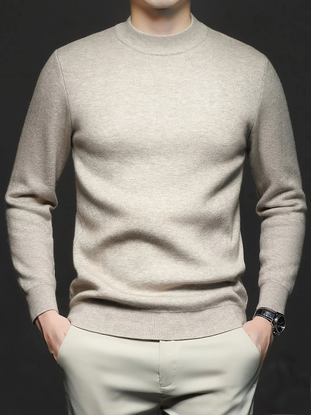 Men's apricot flower ribbed mock-neck pullover sweater, fitted