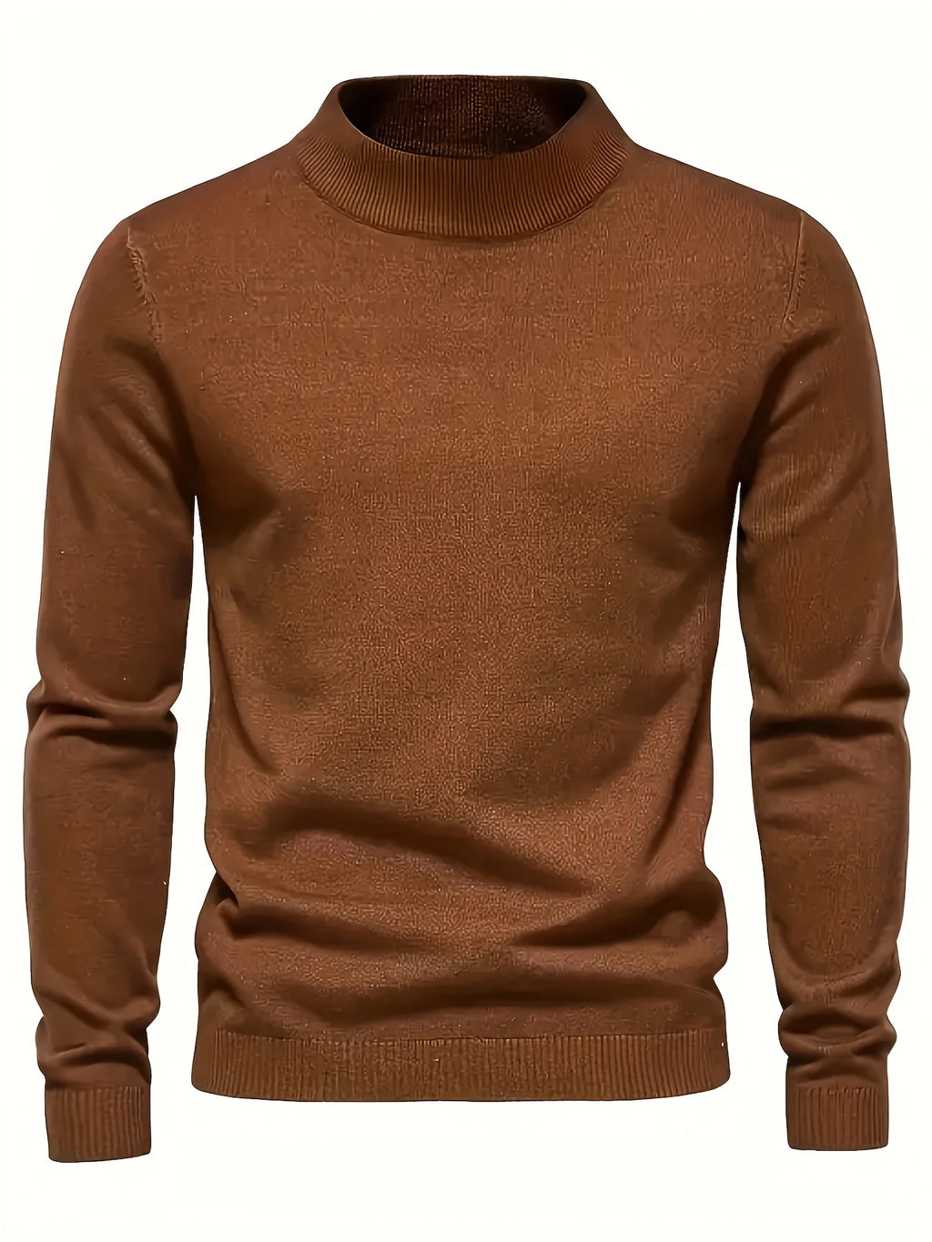 Men's olive brown ribbed mock-neck pullover sweater, fitted